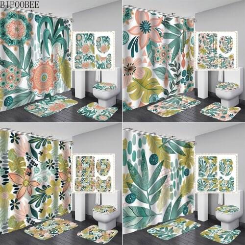 Plant Flower Leaves Shower Curtain Beautiful Flowers Pattern Bathroom Curtains Toilet Seat Cover Mats Anti-slip Rug Bath Carpet