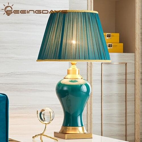 American Style Green Ceramic Large Table Lamp Study Room Home Decor Handmade Ceramic Retro Bedside Lamp for Living Room Bedroom