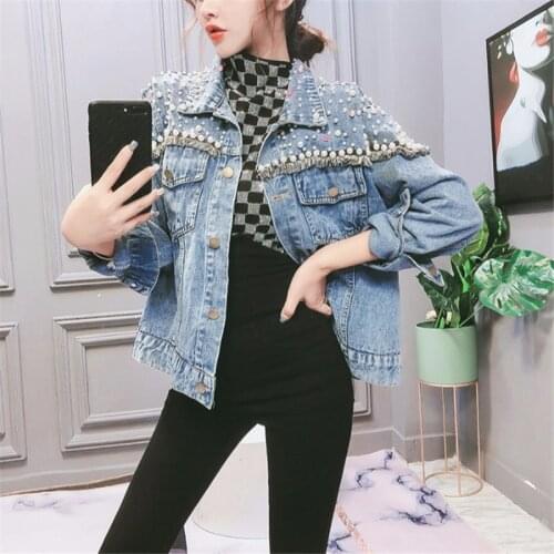 2020 New Autumn Women Denim Jacket Pearl Beading Tassel Short Denim Coat Woman Long Sleeve Jeans Jacket Oversize Outerwear P698