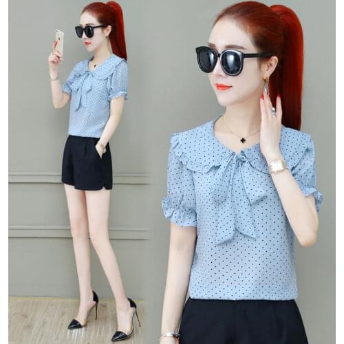 Chiffon Shirt Blouse Womens Short Sleeve Loose Blouse Spring/summer 2021 New Peter Pan Collar Bow Polka Dot Shirt Blusas