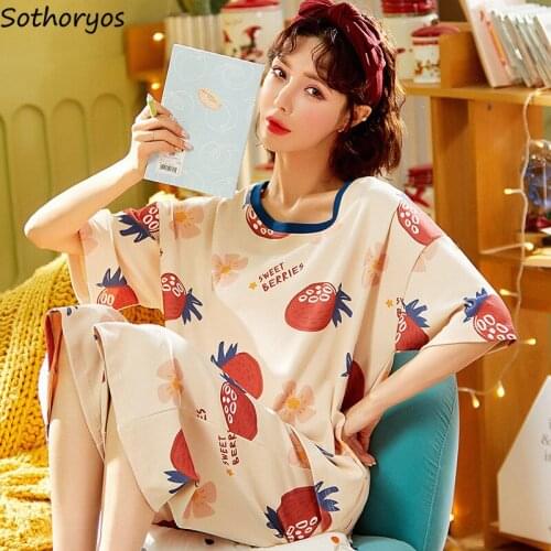 Women Cozy Pajama Sets Printed Mid-calf Pants Nightwear Summer Leisure Females Lounge Students Kawaii Home Fashion New-arrival