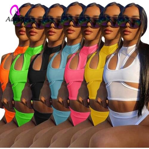 Fitness Women 2 Piece Set Sexy Cut Out Crop Tank Top High Waist Biker Shorts Active Sportwear Solid Skinny 2 Piece Set Tracksuit