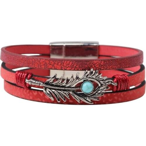 Trendy Magnetic Buckle Leather Bracelet for Women Red Multilayer Women Bracelets Bangles Crystal Leaf Chain Bangles Jewelry