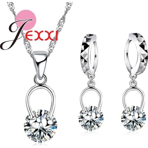 Round Shaped Jewelry Sets Gift Women Pendant Necklace Drop Earrings Austrian Crystal Weeding 925 Sterling Silver Bijoux