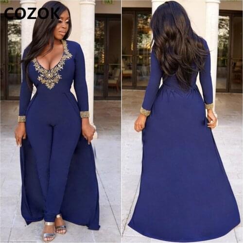 2021 Dark Blue Jumpsuit Evening Dresses Pants Prom Gowns Long Sleeves Crystal Beaded Event Suitvestido de Evening Party Dress