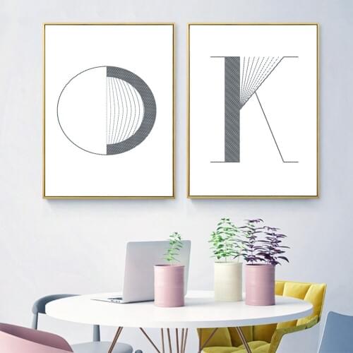 Abstract Black and White Painting Ok Letter Quotes Art Posters and Prints Nordic Home Decoration Wall Picture for Living Room
