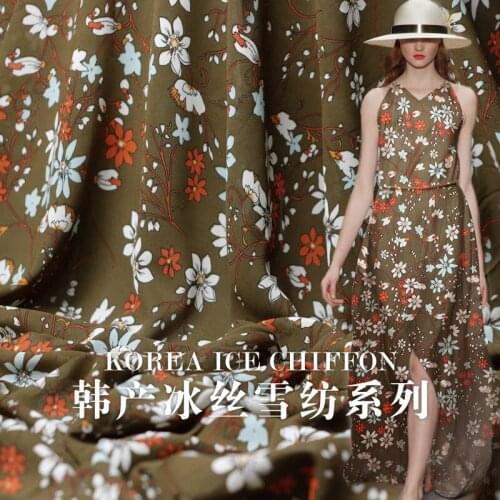 Army green flower Digital Printing chiffon 100%polyester imitated silk Georgette summer dress DIY fabrics Freeshipping