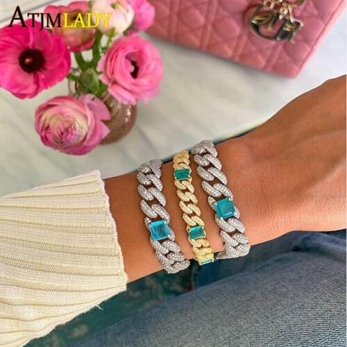 High quality 14mm iced out bling cz cuban link chain square green cubic zirconia paved cuban link chain women bracelet