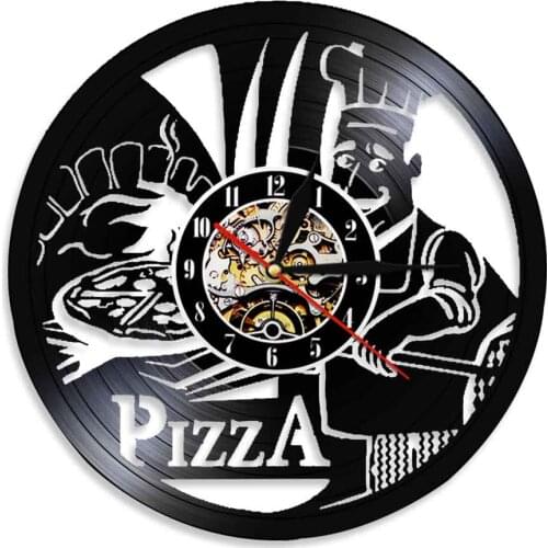 Pizza Time Pizza Chef Vinyl Record Wall Clock Restaurant Fast Food Pizzeria Retro Music Album Decor Clock Watch Pizza Maker Gift