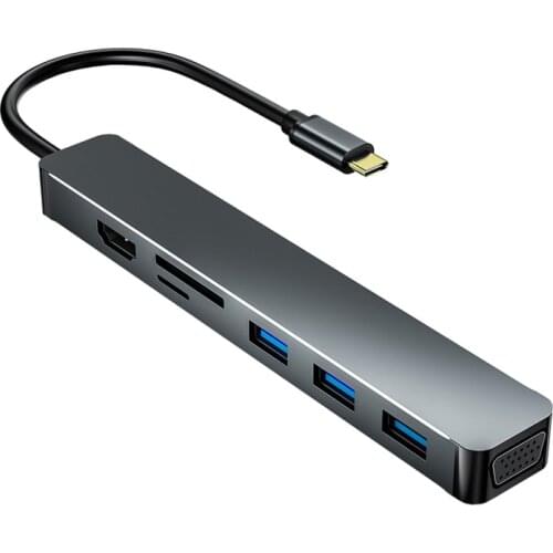 Wholesale 7 IN 1 Docking Station Type C To VGA For HDMI-compatible USB x 3 Read Card Laptop Converter HUB Aluminum Alloy