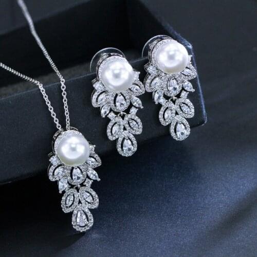 Korea Simple Temperament Pearl Flower Earrings for Women Shining Cubic Zircon Drop Dangler Wedding Party Earring Jewelry Set