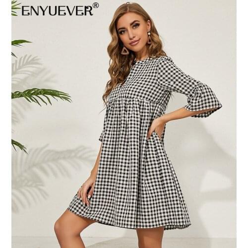 Enyuever Short Plaid Casual Dress Mini Robe Women Vintage Clothes Flare Sleeve High Waist V Neck Tunic Loose Dresses