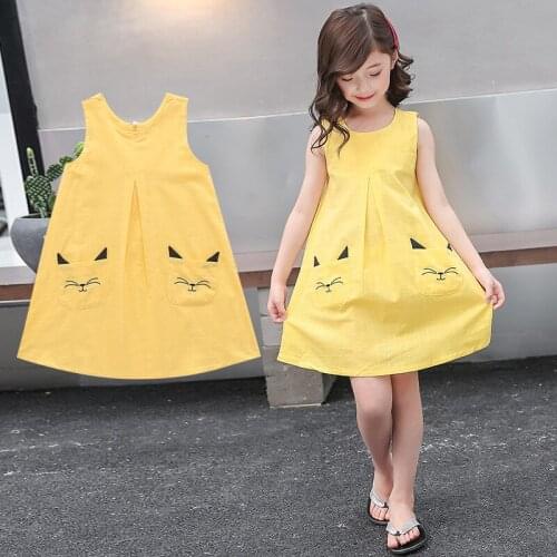 2021 Summer Dress New Childrens Black Cat Dress Embroidered Casual Cotton Hemp Girls Dress Girls' Beach Skirt Dress For Girl