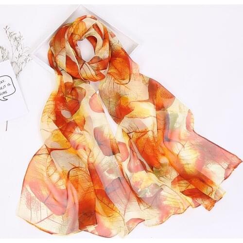 Fashion Chiffon Scarves Silk Scarf Women Leaves Printing Long Soft Wrap Scarf Silk Shawl Beach Kerchief Scarves Female Foulard