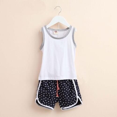 Summer New Korean Design Litlle Girls Vests And Short Pants Solid Casual Clothing Sets Cotton Sleeveless Dress 6448