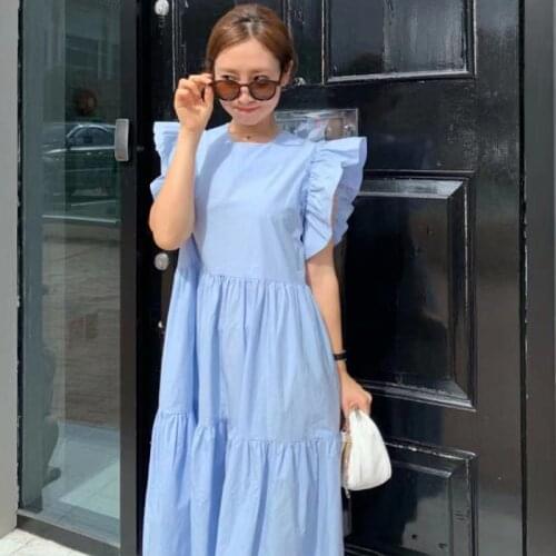 Solid blue woman dress O neck High Waist Casual holiday dresses for women Butterfly Sleeves Loose Fit long vestidos 2021