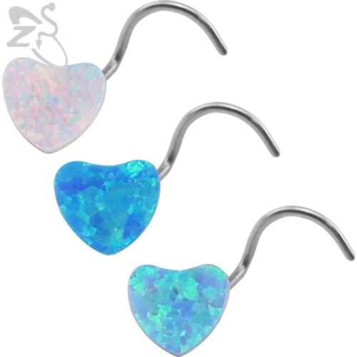 Opal Nose Studs Heart Nostril Piercing Surgical Steel Blue Opal Stone Nose Piercing Nez Rings for Sexy Women Girls Body Jewelry