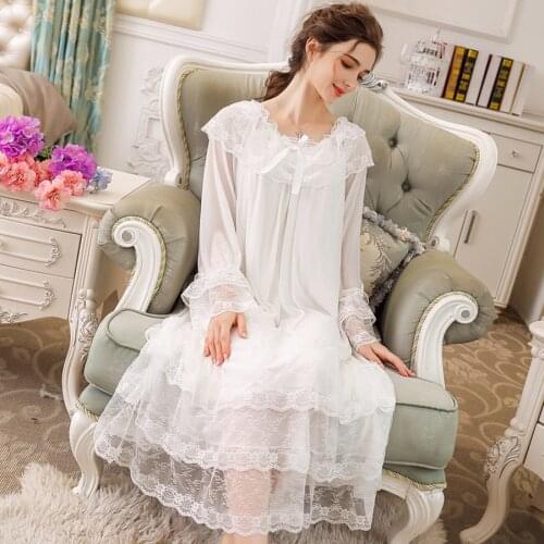Autumn Palace Sweet Princess Night Dress Women Modal Mesh Lace Midi Dress Nightgown Sleepwear O-neck Long Sleeve Loose Lingerie
