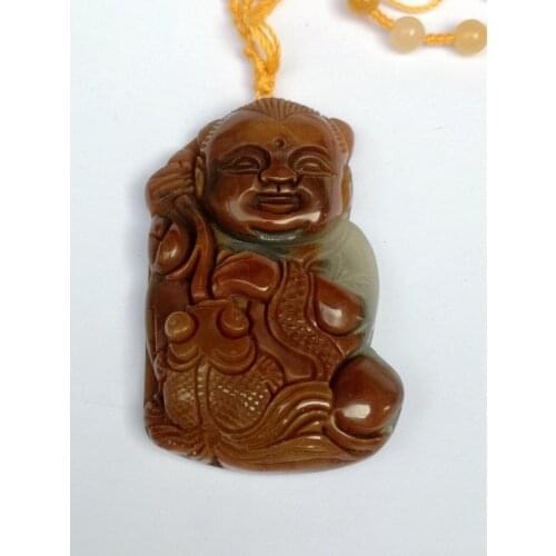 YIZHU CULTUER ART 100% Natural Hand-carved Chinese Jade Necklace Pendant Auspicious Fish Boy Statue Trinket Gift