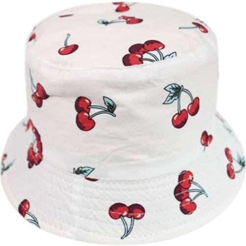 FOXMOTHER New White Navy Color Cherry Print Bucket Caps Fisherman Hats Women Ladies