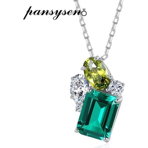 PANSYSEN 100% 925 Sterling Silver Emerald Peridot Gemstone Necklace Wedding Anniversary Fine Jewelry Pendant Necklaces Wholesale