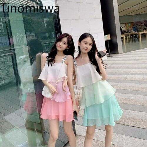 Tinomiswa Ruffle Patchwork Holiday Dress Women Gradient Color Korean Style Summer New Chic Spaghetti Strap Dresses Robe Femme