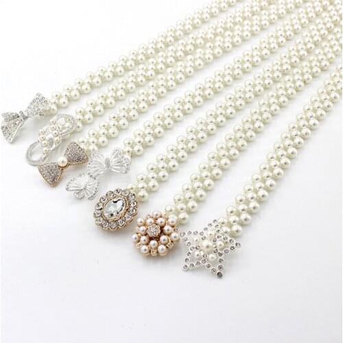 Women Pearl Belt Waist Belt Elastic Buckle Pearl Chain Belts For Women Dress Belt Crystal Bows Waist Band Belt Cinturon Mujer