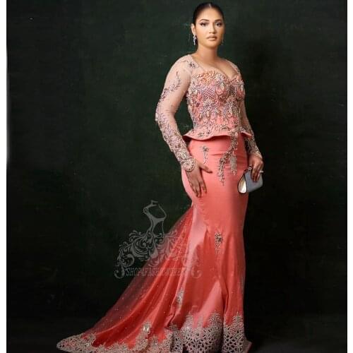 Luxury Beading Rhinestone Mermaid Prom Gowns Pretty Peach Pink See Thru Crystals Bridal Dress To Wedding Party Custom Made Prom