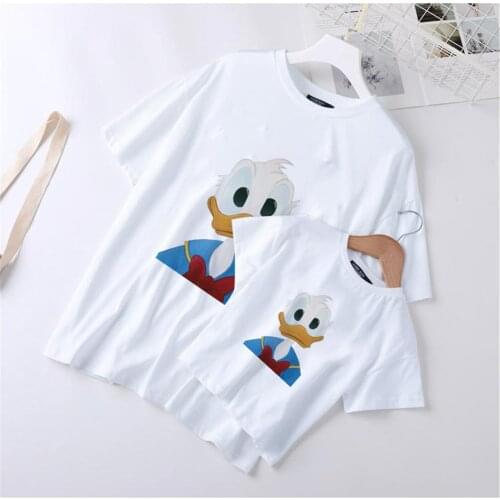 Family Matching Clothes Summer White Mommy And Me Donald Duck Printed Cartoon Tshirts Kids Children Family Look Tshirts Clothes