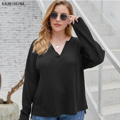 Spring Autumn Women Sexy V-Neck Tops Plus Size 4XL tshirts Long Sleeve Knitted Solid Casual t shirt Female Large Tee Shirts