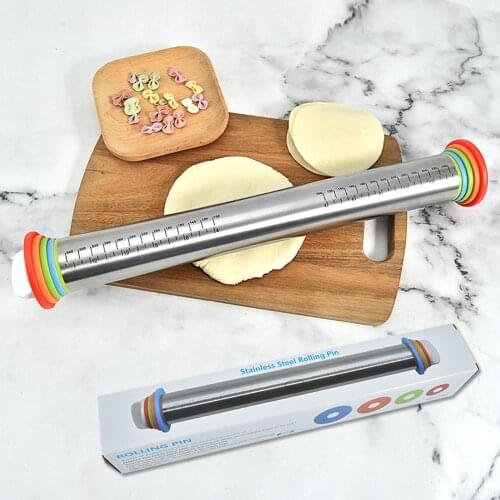 Stainless Steel Rolling Pin Silicone Baking Pastry Mat Set Dough Roller with Adjustable Thickness Rings for Baking Dough Pizza
