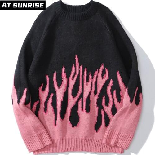 Men Women Hip Hop Streetwear Harajuku Sweater Vintage Retro pink flame Sweater Knitted Sweater winter Cotton Pullover Unisex