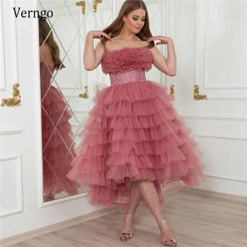 Verngo Dusty Pink Tulle Rufffles A Line Prom Dresses Short Front Long Back Strapless Tiered Lace Sash Homecoming Party Gowns