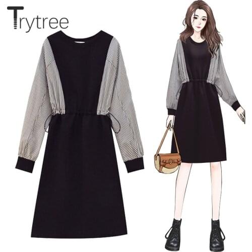 Trytree 2021 Spring Womens Dress Casual Cotton Blend Stripe Sleeve Patchwork O-neck Drawstring Waist A-line Loose Black Dress