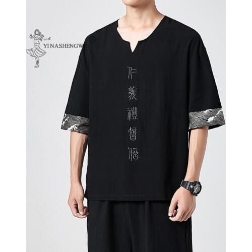 Japanese Kimono Short-Sleeved T-shirt Embroidered Harajuku Yukata Japan Summer Male Linen Men Shirts Trousers New Asian Costume