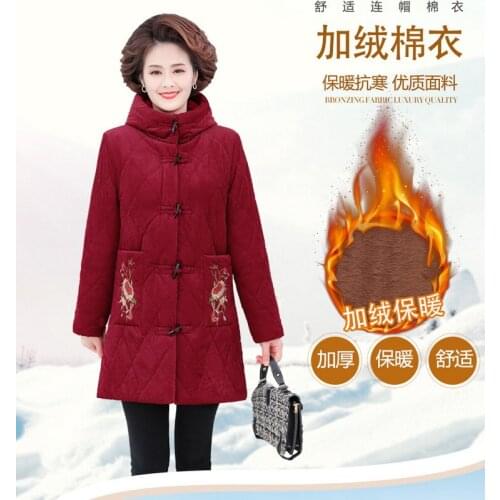 Middle-aged Womens Parkas Corduroy Thick jacket Winter Plus Velvet Lamb Hooded Coats Cotton Jacket Vintage embroidery Overcoat