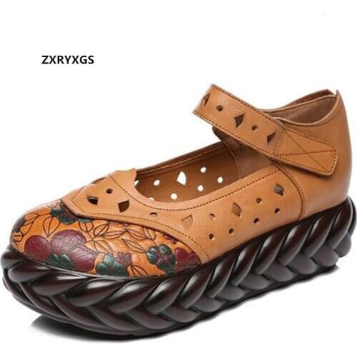 2021 New Classic Retro Spring Summer Print Hollow Genuine Leather Shoes Platform Increase Shoes Woman Fashion Elegant High Heels
