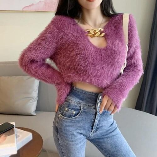 2021 New Spring Autumn Korean Chain Patchwork Hollow-out Sweater Sexy V-neck Knitted Pullover Women Autumn Long Sleeve Knitwear