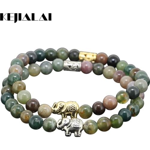 KEJIALAI New Beaded Gold Silver Color Elephant Animals Charm Girl Bracelet Natural 6mm Indian Stone Beads Women Bracelet A0736