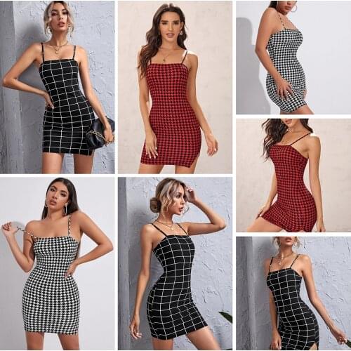 2021 Sexy Women Dress Sleeveless Slash Neck Plaid Print Party Clubwear Strap Bodycon Side Split Short Pencil Dress