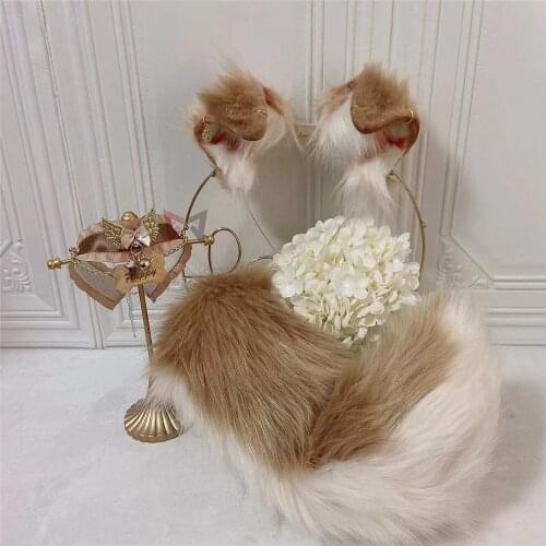 MMGG New Light Brown Border Collie Ears Tail Hairhoop Beast Style Headwear for Christmas Halloween Cosplay Costume Accessories