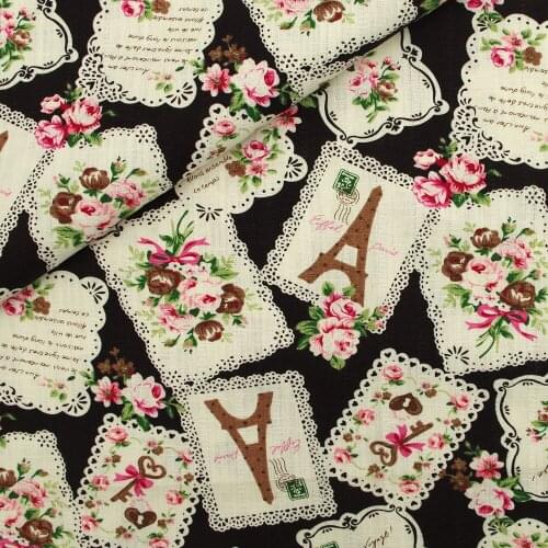 130cmx50cm Ripstop Cotton Linen Fabric for handmad, bed, bag, curtain - Rose and tower - black (LF094)