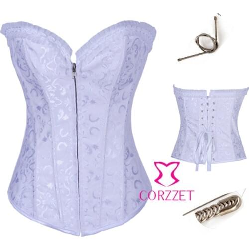 Promotion Spring 2014 Corselet Body Shaper Women Satin Embroidered Zipper Front Corset White Sexy Overbust Steel Boned Corsets