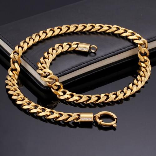 90g Gold High Quality Fashion 11mm 50cm (20 inch) Crystals bling stainless steel Solid curb Link chain chain Mens necklace