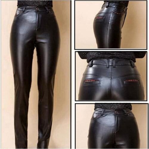 Black PU Leather Pants Women High Waist Straight Leg Pants Elastic Casual PU Trousers Stretch Plus Size
