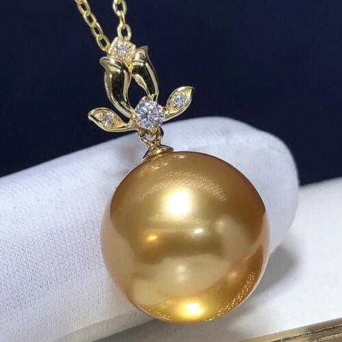 D205 Fine Jewelry 18K Yellow Gold Natural Ocean Golden Diamonds Pearl 12-13mm Pendant Necklaces for Women FIne Pearls Pendants