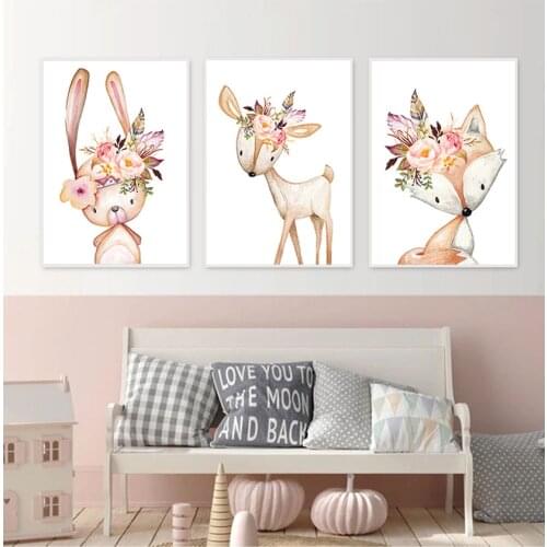 Baby Room Wall Art Canvas Pictures Nursery Prints Flower Rabbit Canvas Painting Woodland Animals Poster Nordic Fox Deer Picture