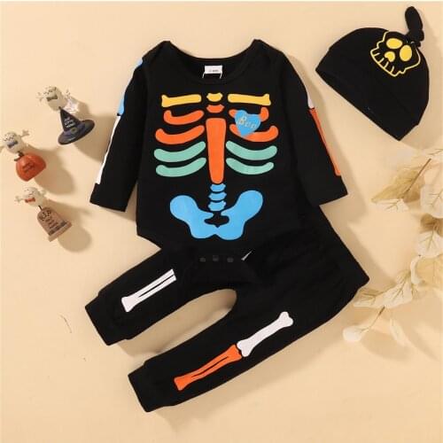 Newborn Baby Girls Clothes Toddler Infant Baby Boys Girls Halloween Cartoon Print Romper Tops+Pants+Hat Set conjuntos de menina