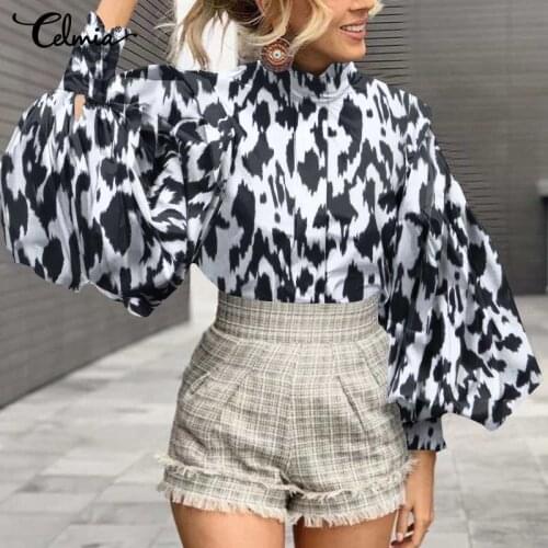 Elegant OL Blouses Celmia Womens Big Lantern Sleeve Sexy Leopard Print Shirts 2021 Fashion Stand Collar Casual Tunic Tops Femme