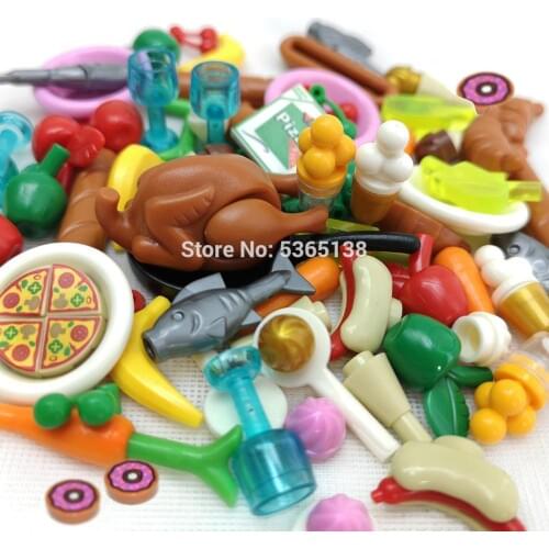 Toy City Accessories Small Building Block Food Set Pizza Roast Chicken Turkey Hot Dog for Kids Play House